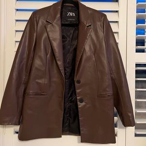 Brown Zara vegan leather longline blazer